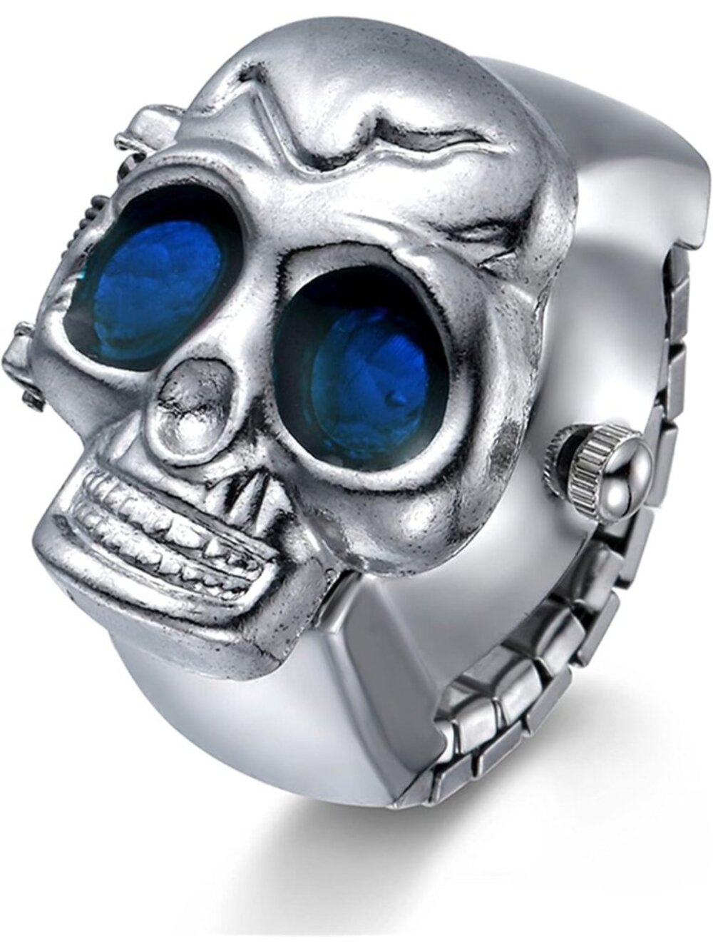 Unisex Silver And Blue Analog Punk Skull Flip-Open Adjustable Finger Ring Watch